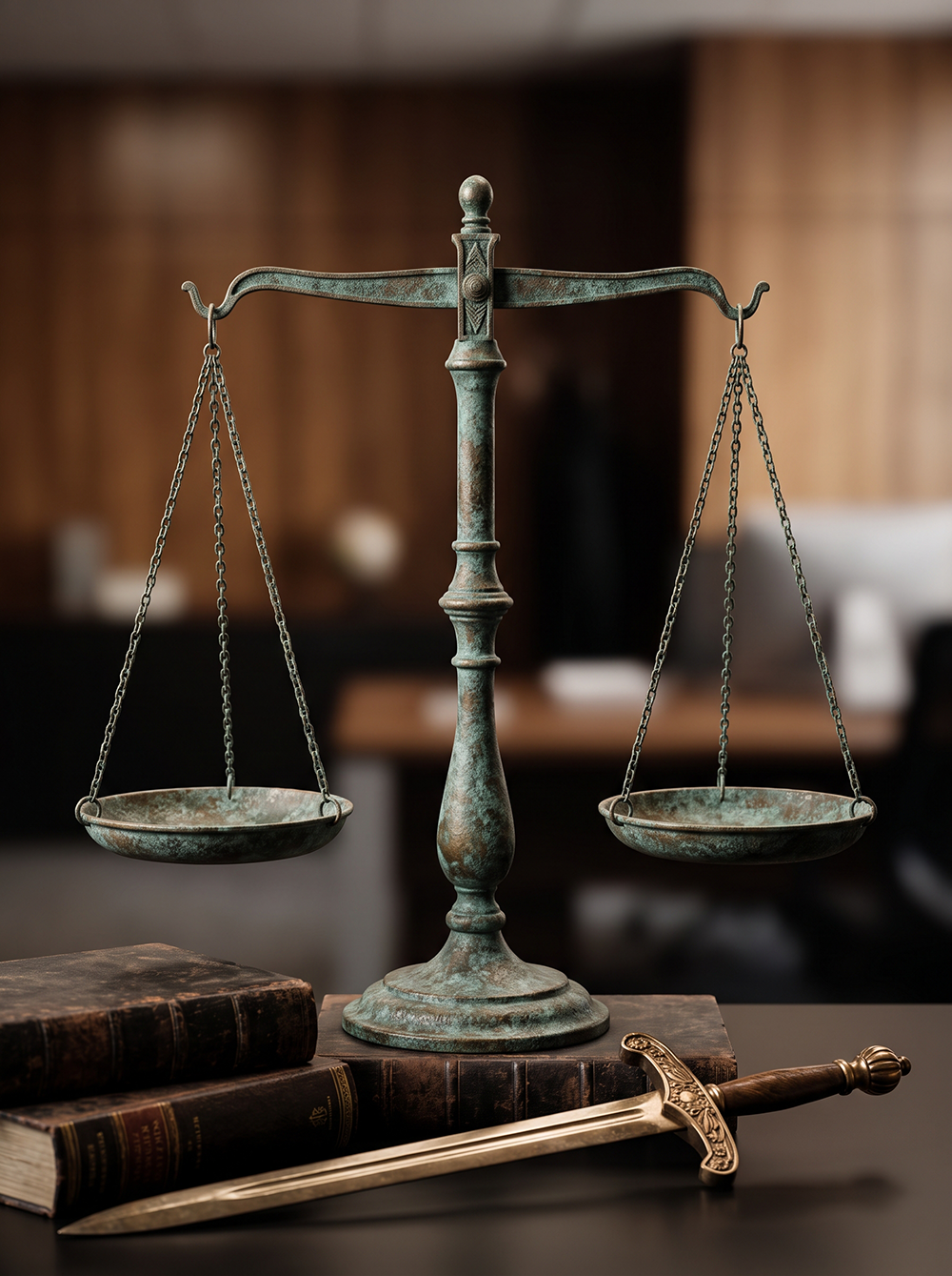Símbolo de la justicia: balanza, libros de derecho y espada